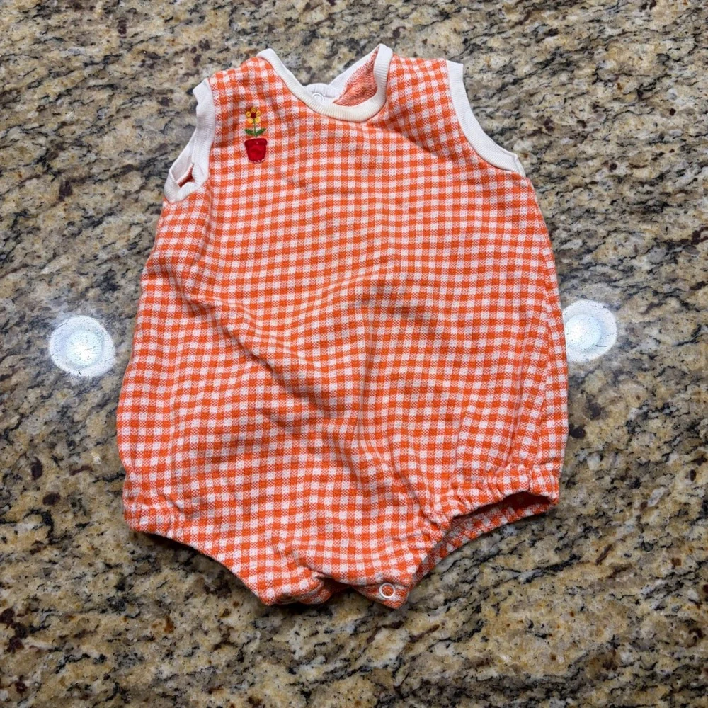 Vintage Baby Orange Gingham Flower Embroidered Bubble Romper Sunsuit Sleeveless